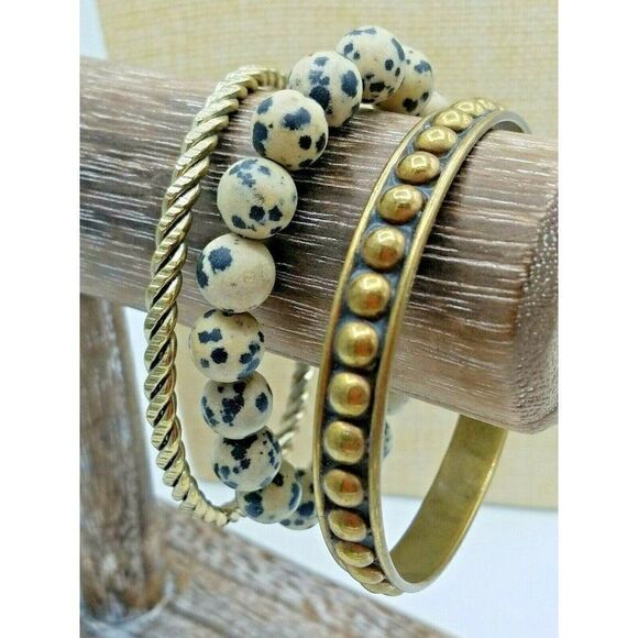 Bangle Bracelet LOT OF 3 Stone Beads Brass Dot & Gold Tone Twist - Picture 1 of 6